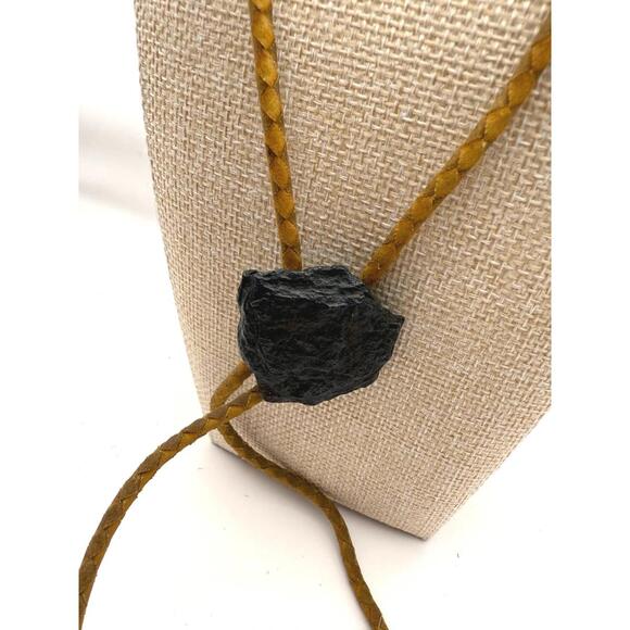 Vintage Braided Leather Bolo Tie with Black Stone Slide
